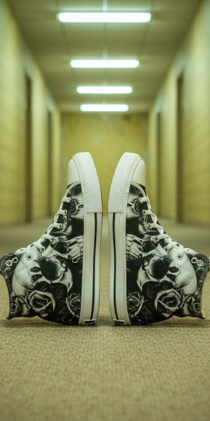 Custom Women's Greyscale Skulls & Roses Black & White high-top canvas shoes with bold all-over art — Freaky Shoes