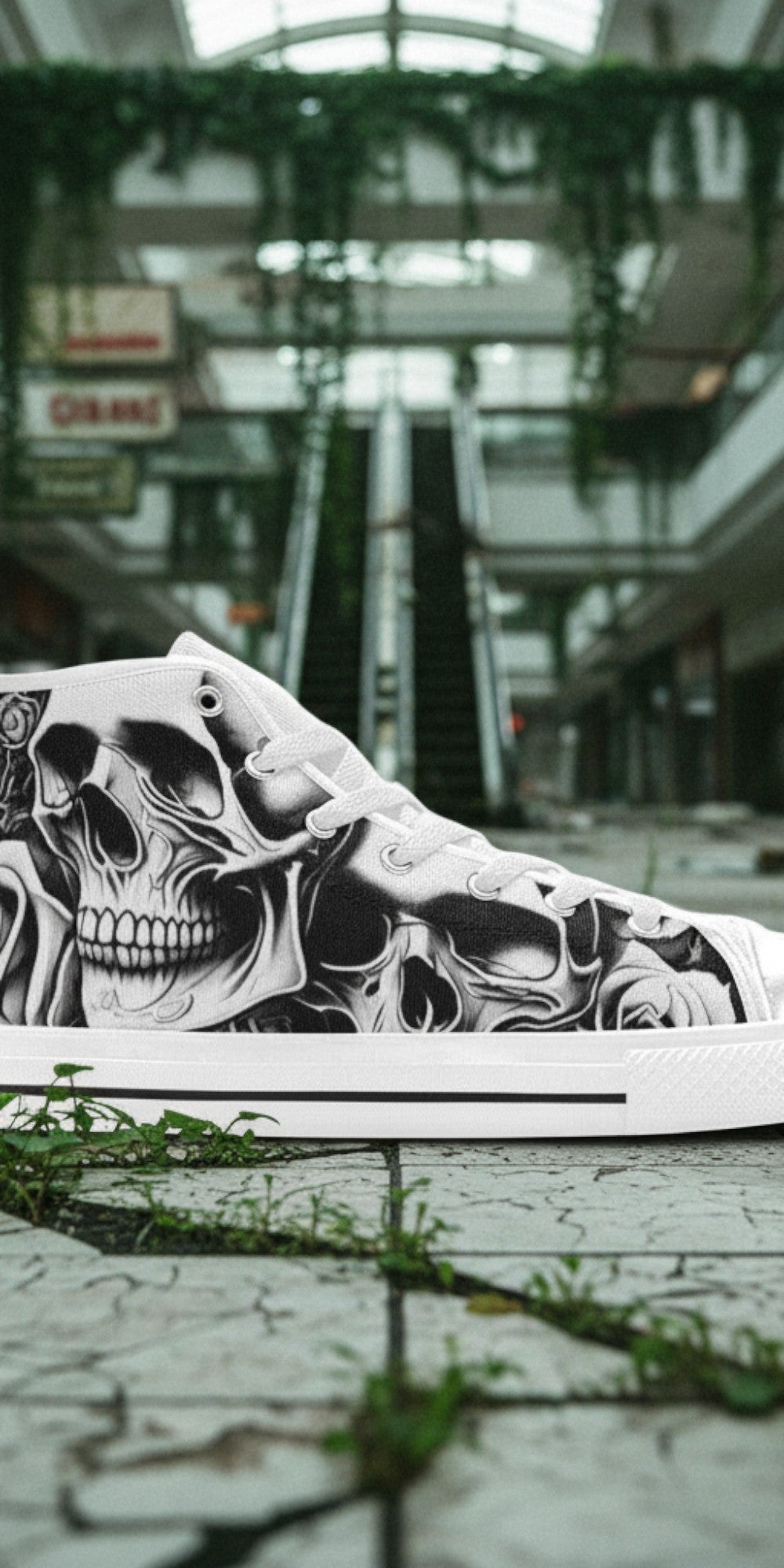 Freaky Shoes® men's high-top canvas sneakers featuring a grey and black skull and rose print with white laces.