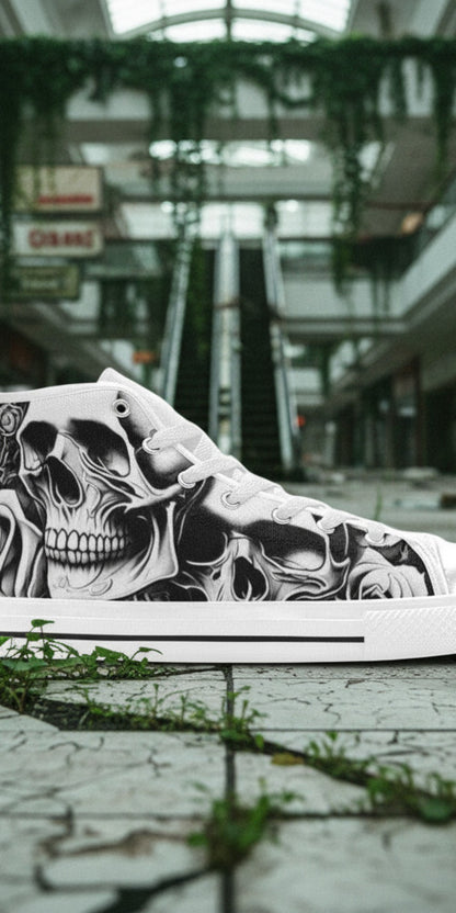 Freaky Shoes® men's high-top canvas sneakers featuring a grey and black skull and rose print with white laces.