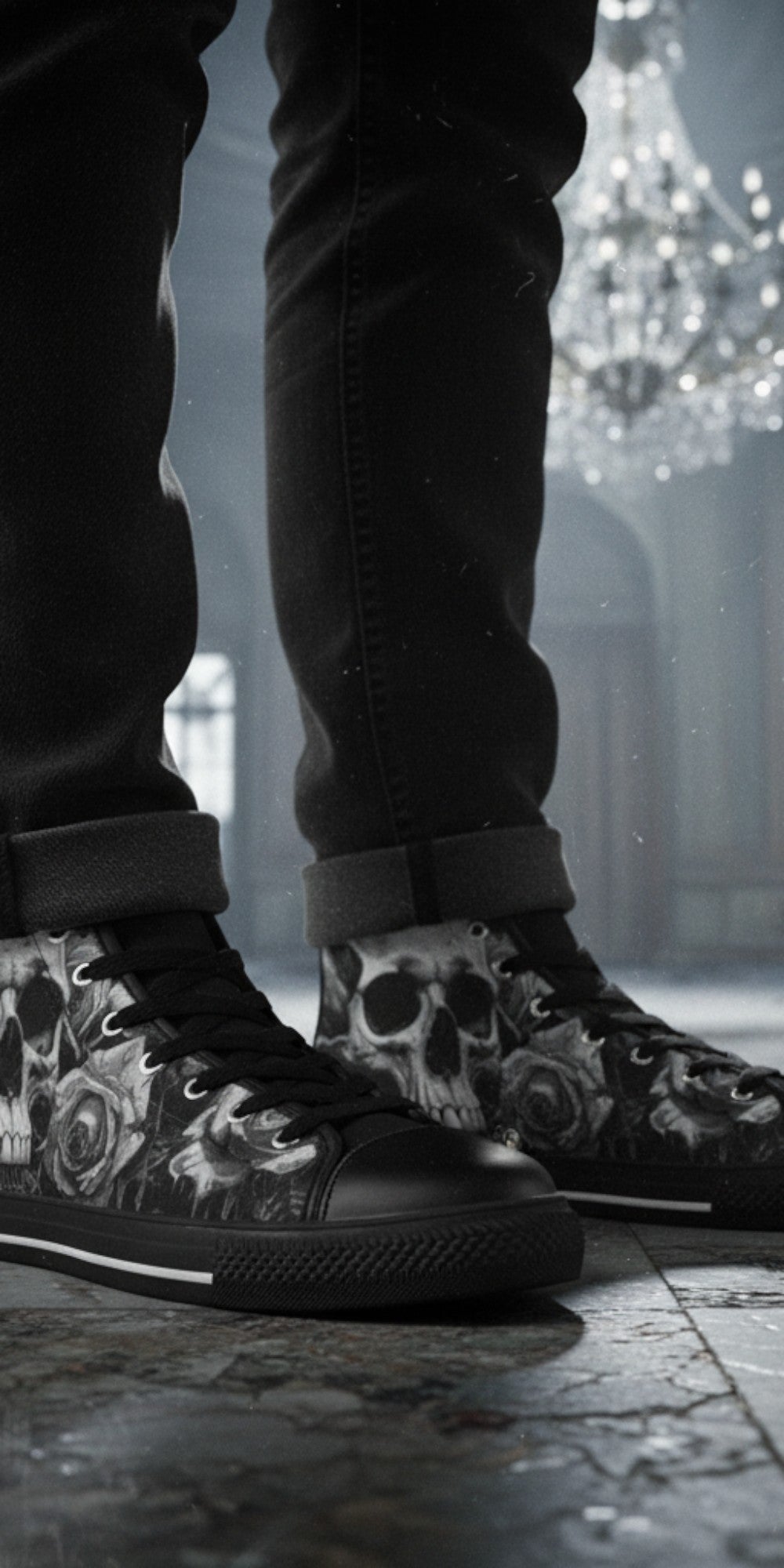 Freaky Shoes® high top canvas sneakers featuring a dark gothic grey skull and rose print in a moody ballroom setting.