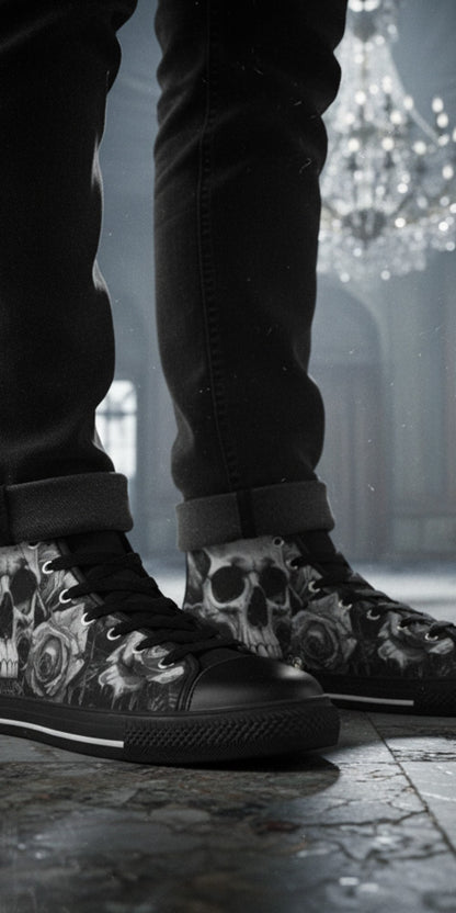 Freaky Shoes® high top canvas sneakers featuring a dark gothic grey skull and rose print in a moody ballroom setting.