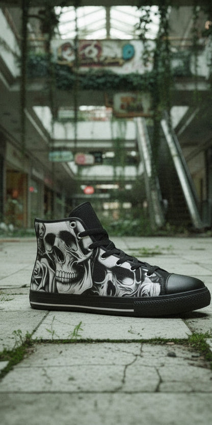 Men's Cartoon Skulls & Roses hand-made high-top canvas shoes — unique wearable art by Freaky Shoes