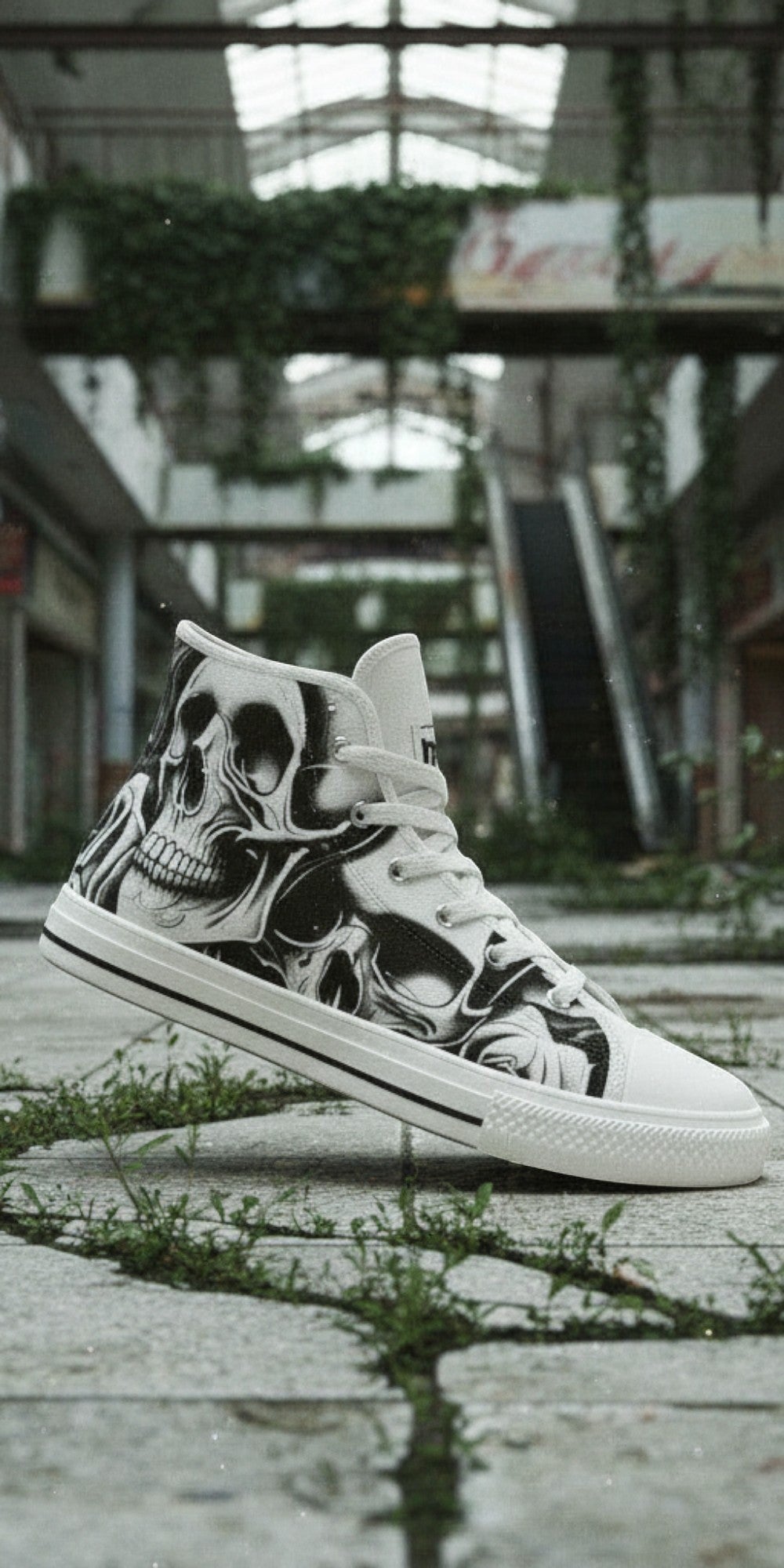 Men's Cartoon Skulls & Roses high-top canvas shoes — one-of-a-kind custom printed art, Freaky Shoes