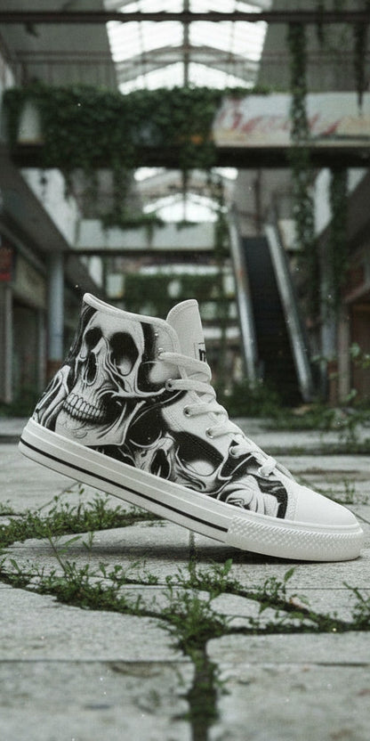 Men's Cartoon Skulls & Roses high-top canvas shoes — one-of-a-kind custom printed art, Freaky Shoes