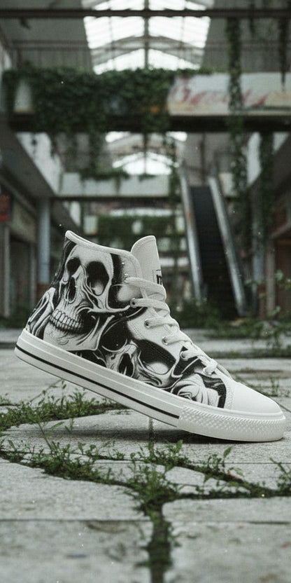 Men's Cartoon Skulls & Roses high-top canvas shoes — one-of-a-kind custom printed art, Freaky Shoes