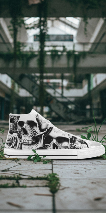 Freaky Shoes® high-top canvas sneakers featuring a grey skull and rose print in an abandoned mall setting.