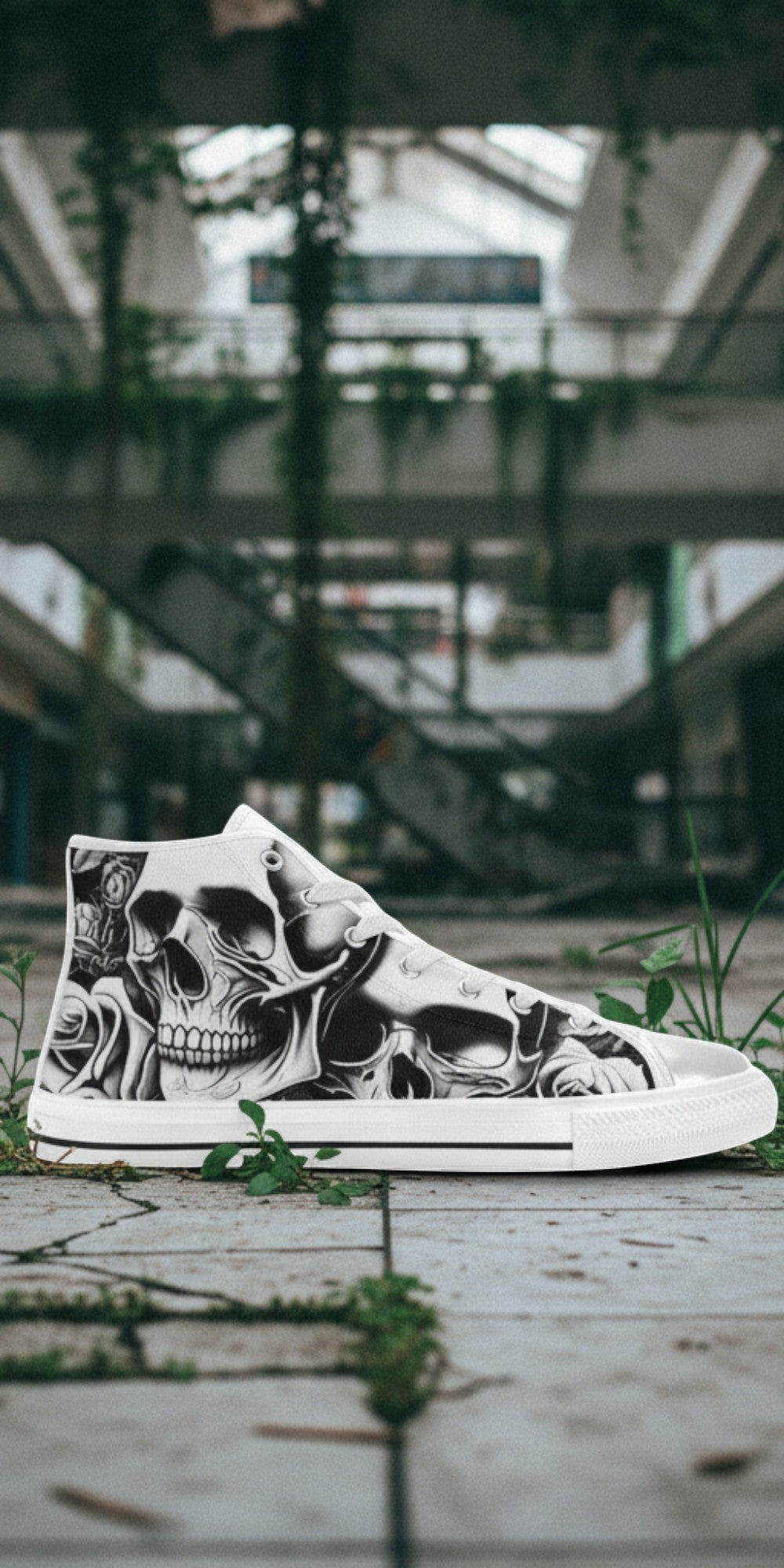 Men's Cartoon Skulls & Roses hand-made high-top canvas shoes — unique wearable art by Freaky Shoes