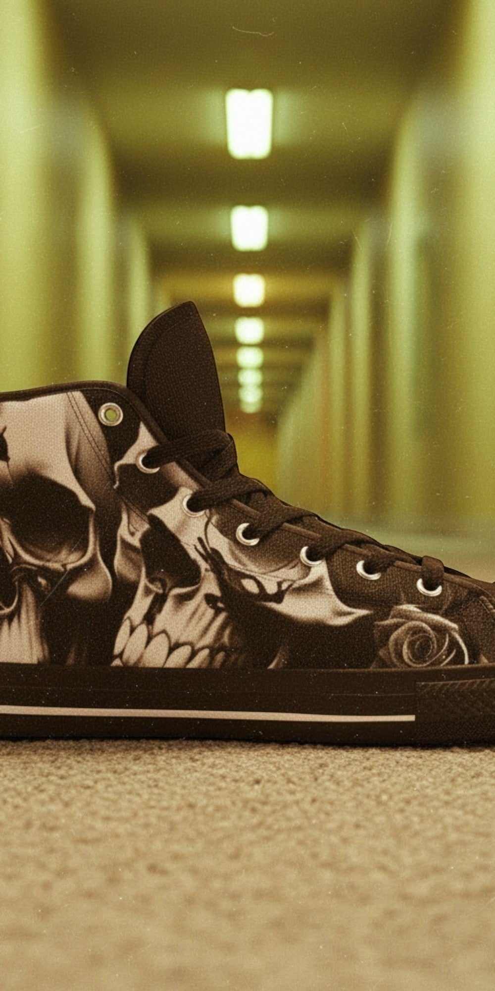 Women's Greyscale Skulls & Roses Black & White high-top canvas shoes, custom full-wrap printed design — Freaky Shoes