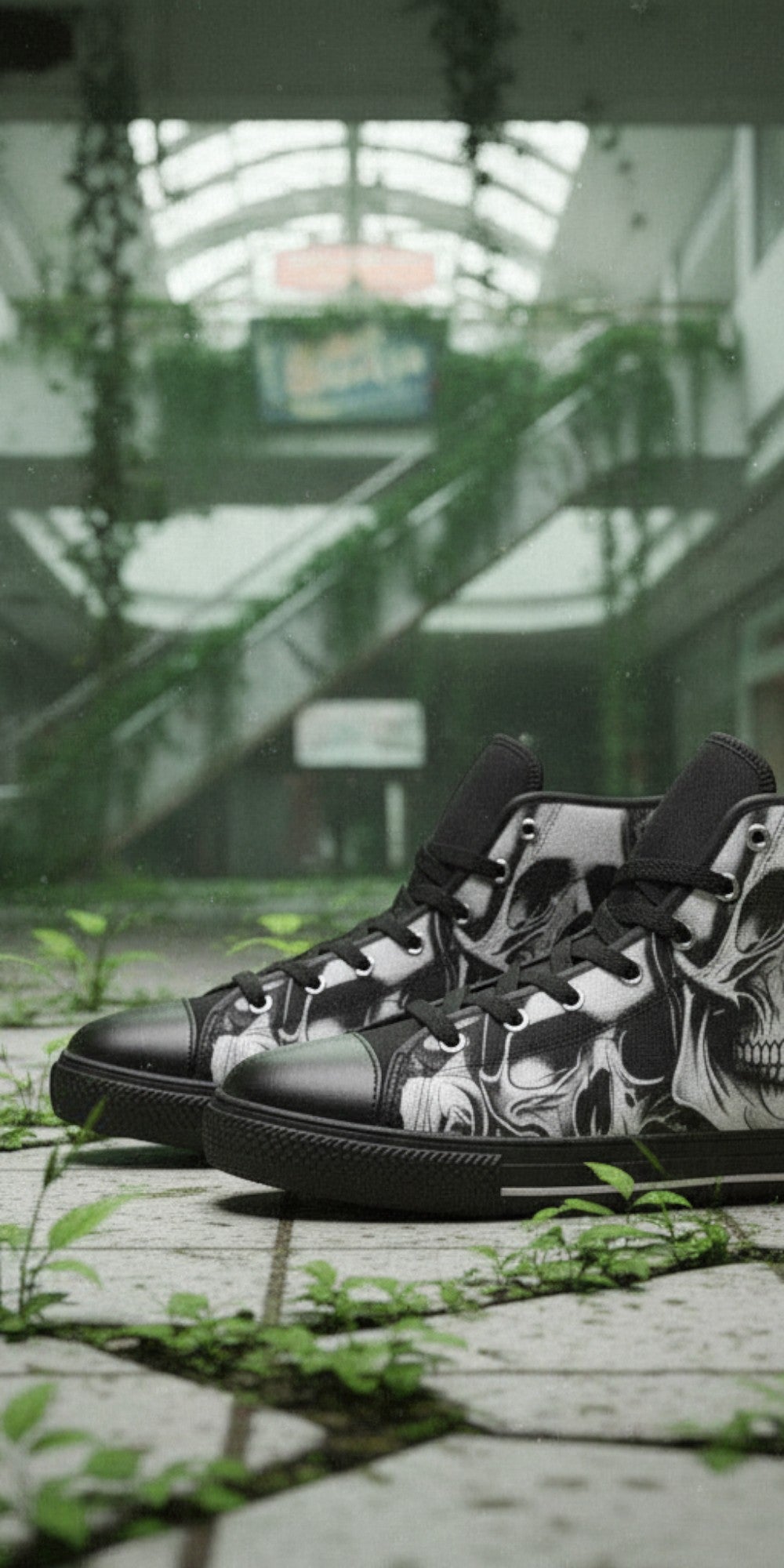 Men's Cartoon Skulls & Roses high-top canvas shoes, custom full-wrap printed design — Freaky Shoes