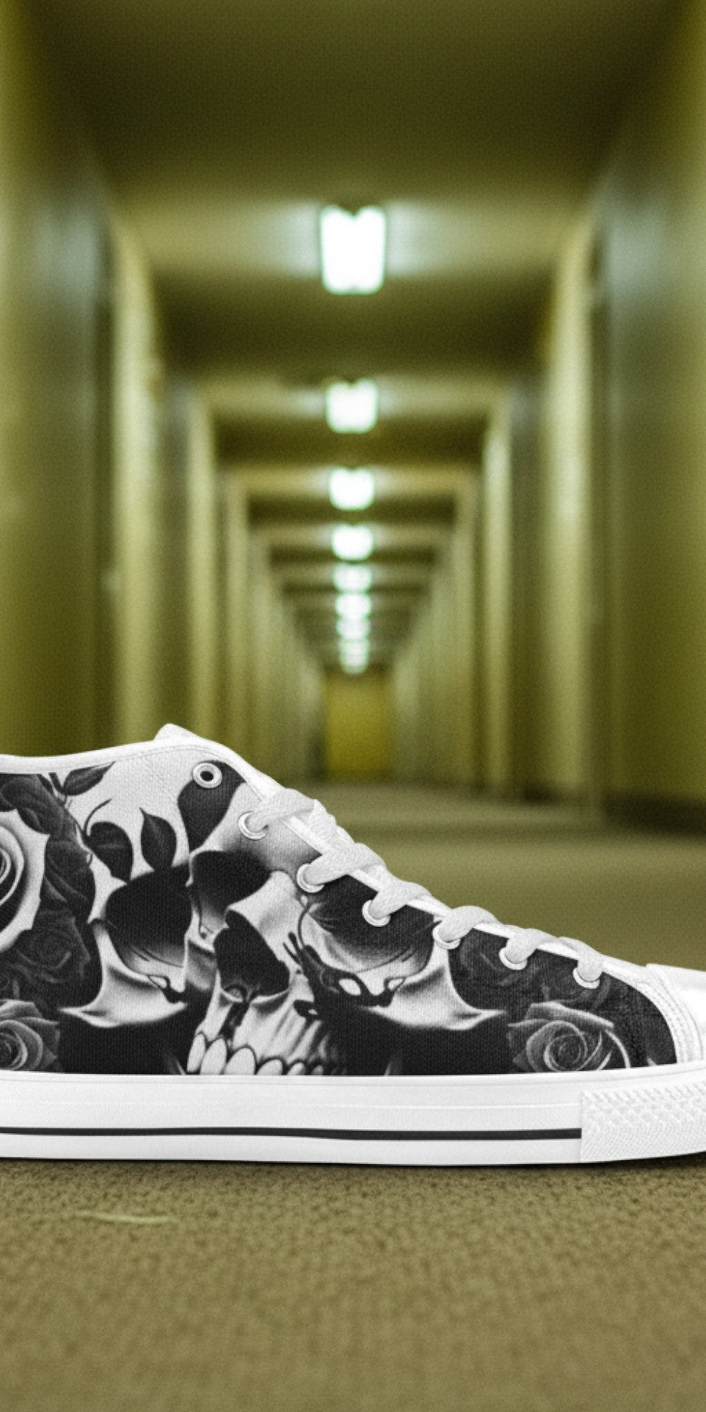 Custom Women's Greyscale Skulls & Roses Black & White high-top canvas shoes with bold all-over art — Freaky Shoes