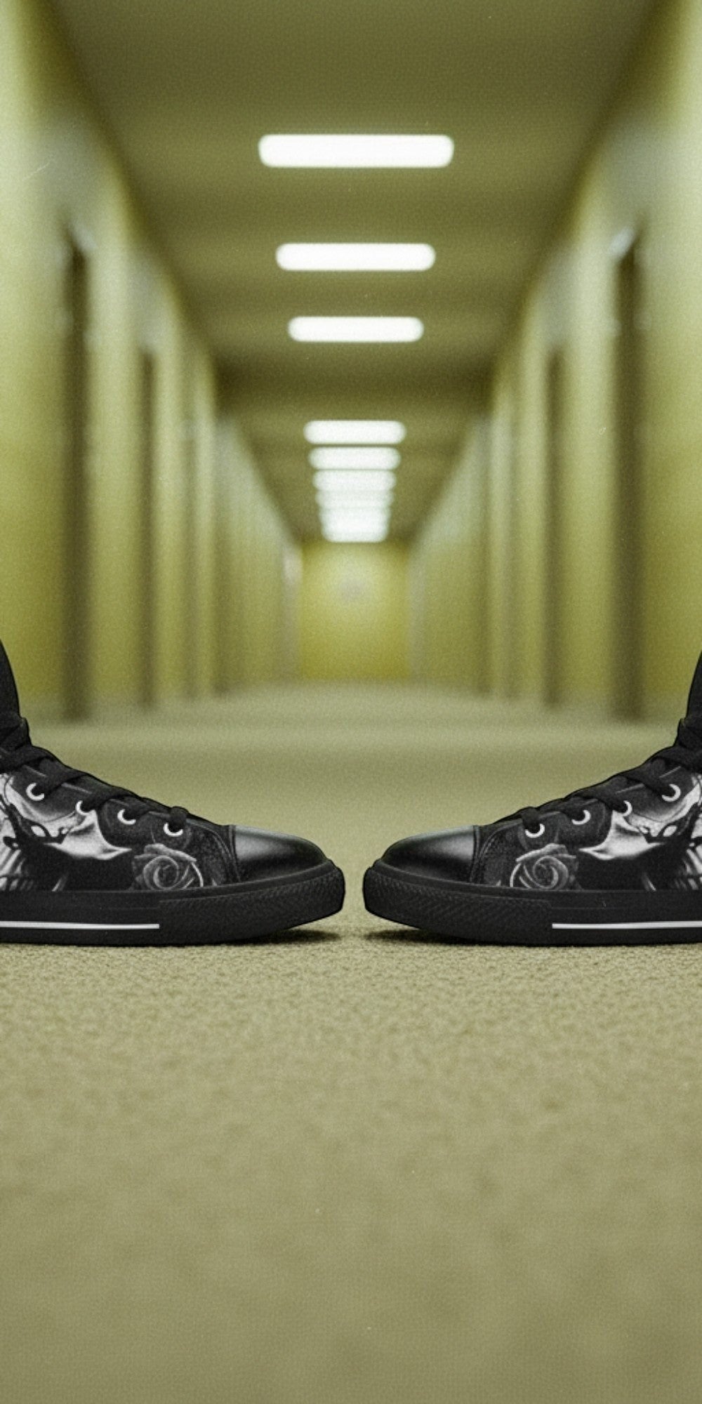 Women's Greyscale Skulls & Roses Black & White custom high-top canvas shoes — wearable art by Freaky Shoes