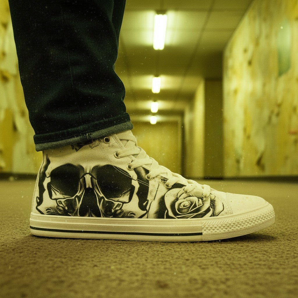 Women's Grey Skull & Roses Black & White custom high-top canvas shoes — wearable art by Freaky Shoes