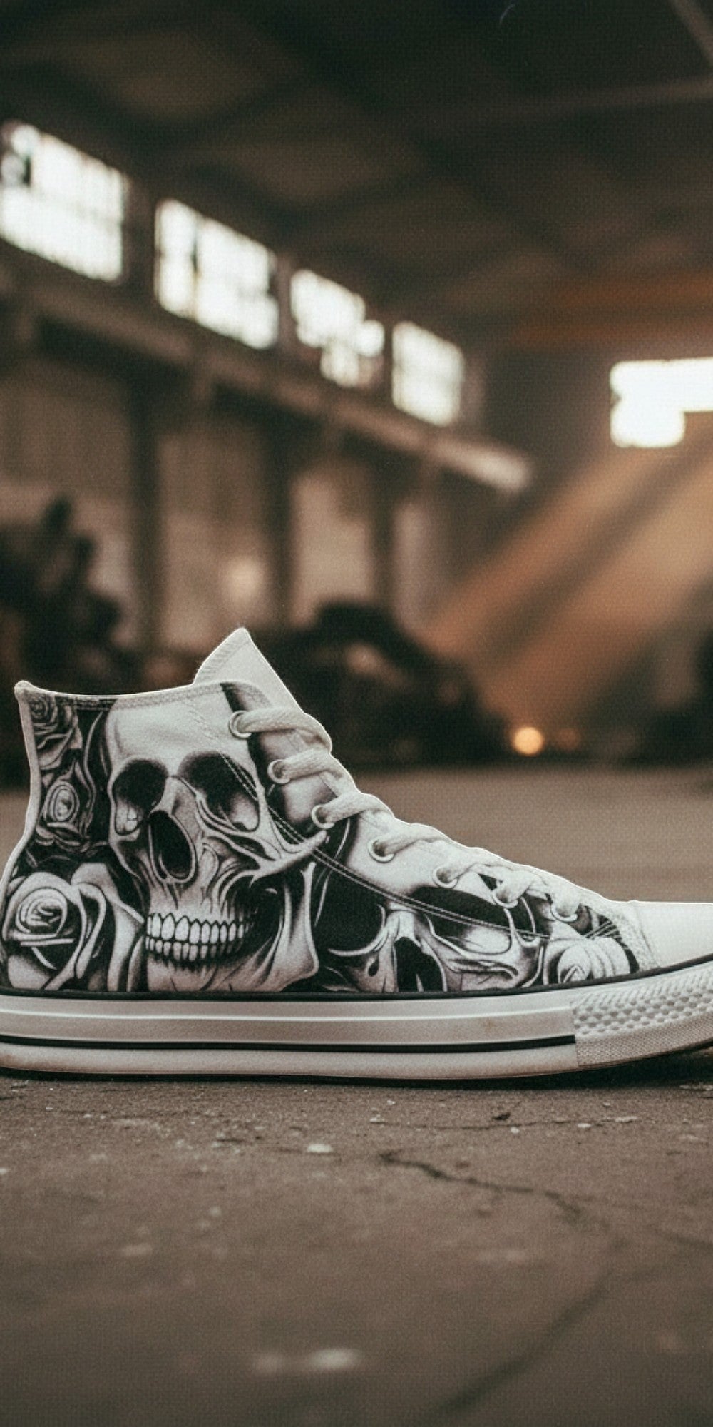 Women's Cartoon Skulls & Roses custom high-top canvas shoes — wearable art by Freaky Shoes