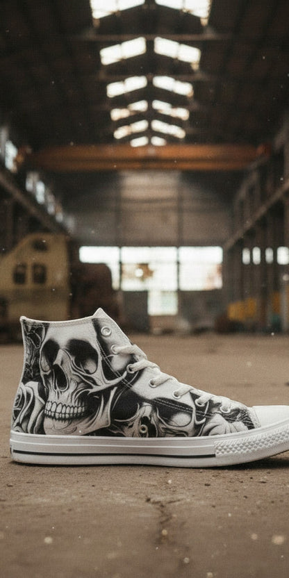 Women's Cartoon Skulls & Roses custom high-top canvas shoes — wearable art by Freaky Shoes