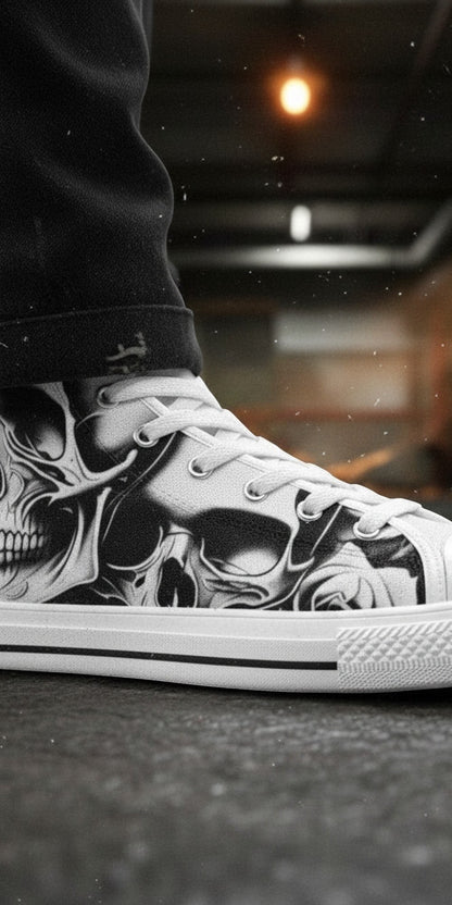Women's Cartoon Skulls & Roses custom high-top canvas shoes — wearable art by Freaky Shoes