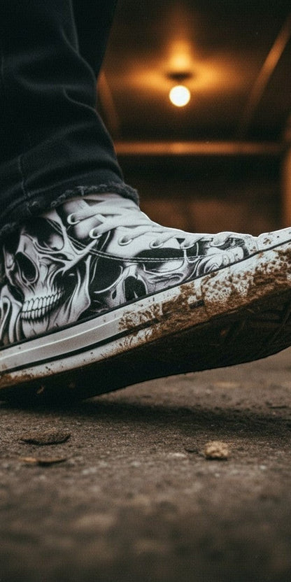Women's Cartoon Skulls & Roses hand-made high-top canvas shoes — unique wearable art by Freaky Shoes