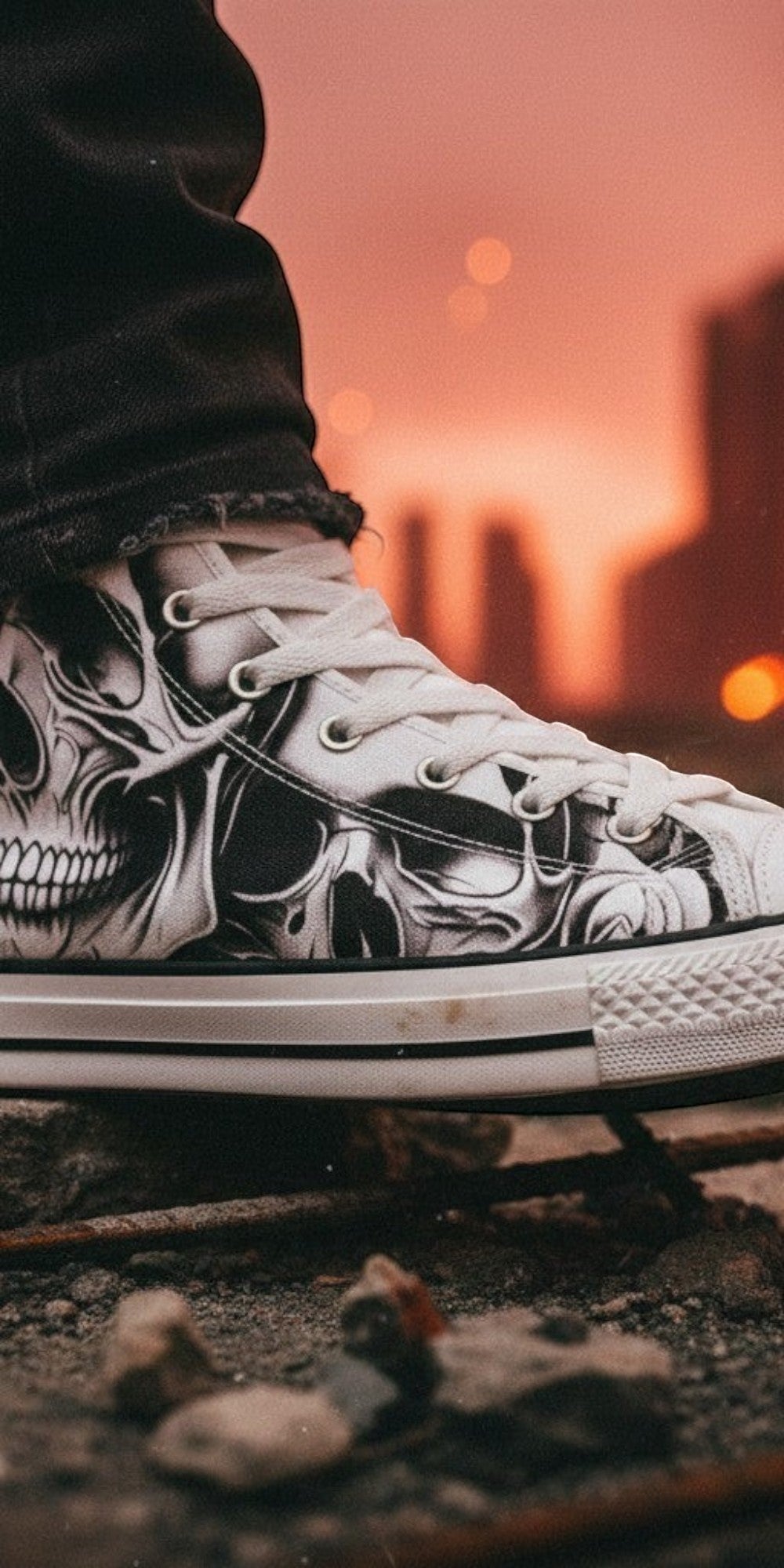 Women's Cartoon Skulls & Roses hand-made high-top canvas shoes — unique wearable art by Freaky Shoes