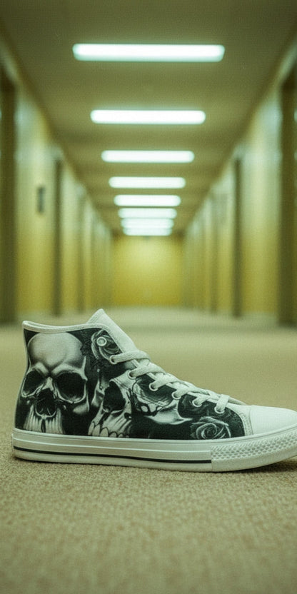 Women's Greyscale Skulls & Roses Black & White hand-made high-top canvas shoes — unique wearable art by Freaky Shoes