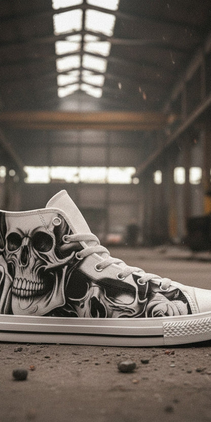 Women's Cartoon Skulls & Roses hand-made high-top canvas shoes — unique wearable art by Freaky Shoes