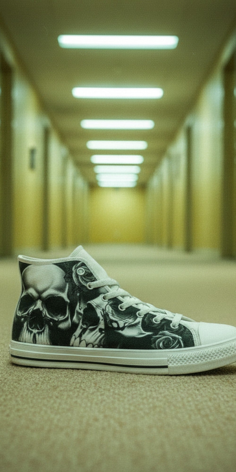 Women's Greyscale Skulls & Roses Black & White hand-made high-top canvas shoes — unique wearable art by Freaky Shoes