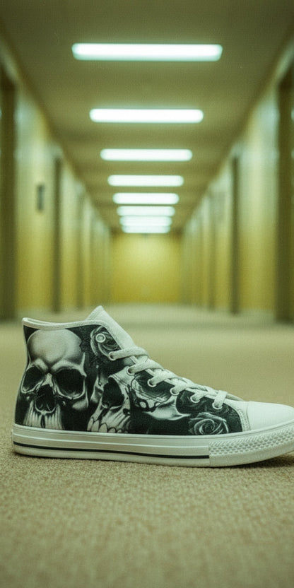 Women's Greyscale Skulls & Roses Black & White hand-made high-top canvas shoes — unique wearable art by Freaky Shoes