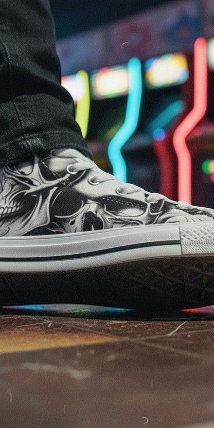 Custom Women's Cartoon Skulls & Roses high-top canvas shoes with bold all-over art — Freaky Shoes