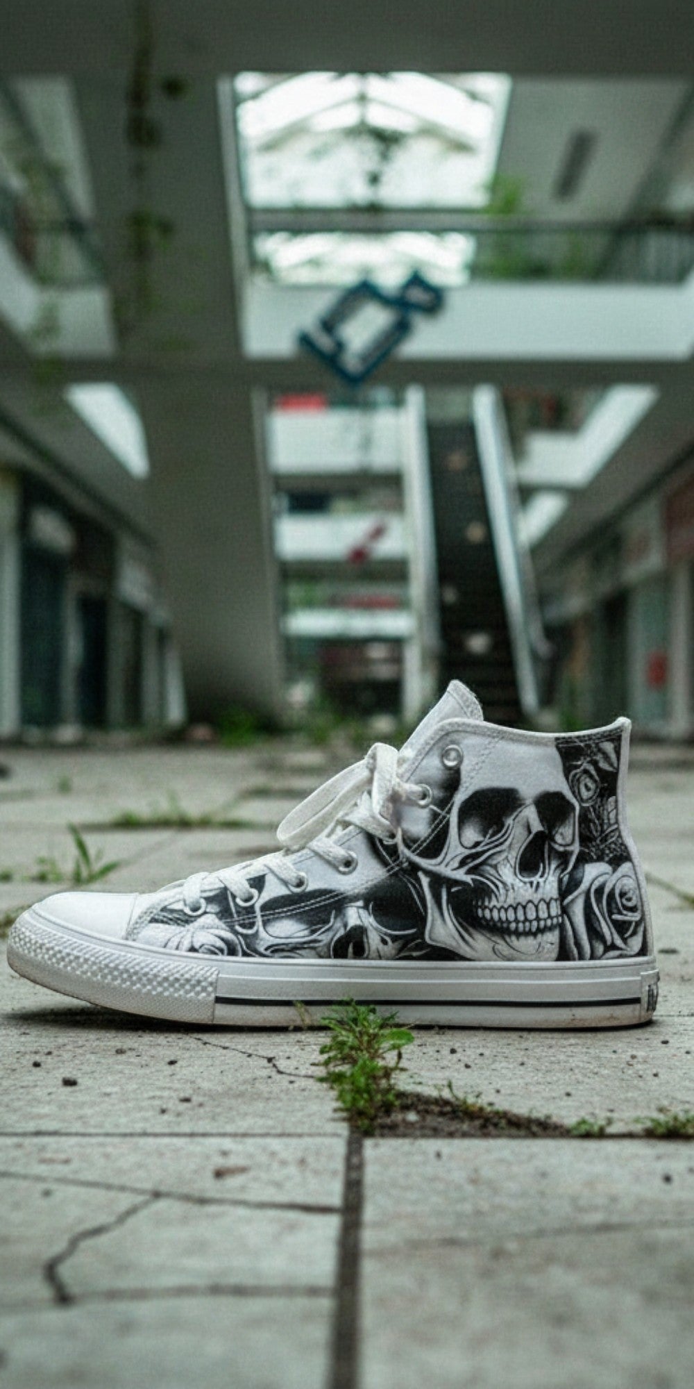 Men's Cartoon Skulls & Roses custom high-top canvas shoes — wearable art by Freaky Shoes