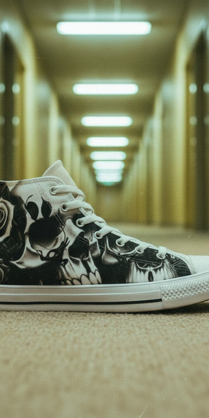 Custom Women's Greyscale Skulls & Roses Black & White high-top canvas shoes with bold all-over art — Freaky Shoes
