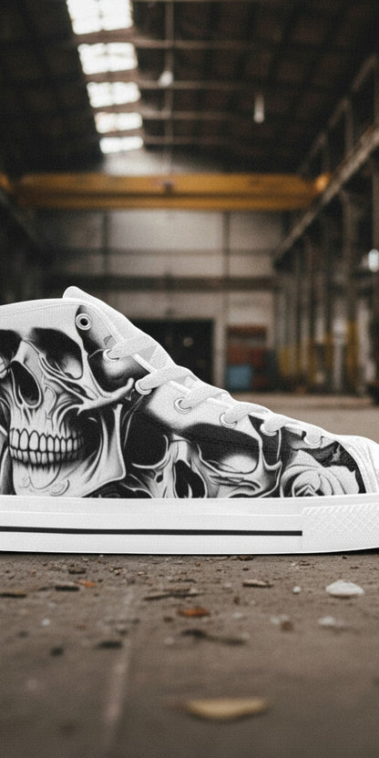 Custom Women's Cartoon Skulls & Roses high-top canvas shoes with bold all-over art — Freaky Shoes