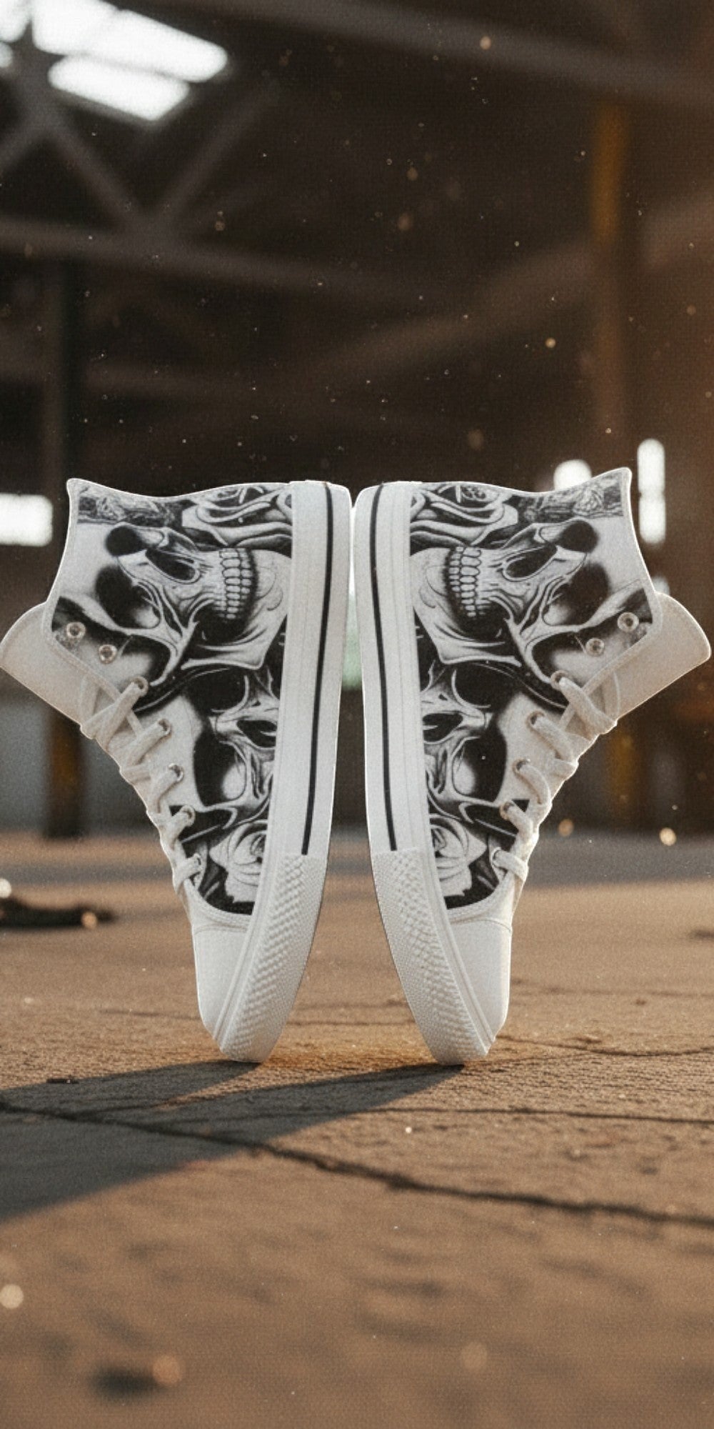 Custom Women's Cartoon Skulls & Roses high-top canvas shoes with bold all-over art — Freaky Shoes