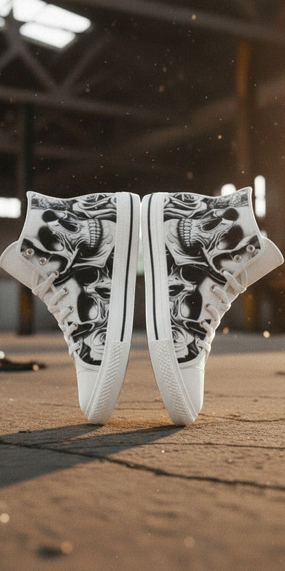 Custom Women's Cartoon Skulls & Roses high-top canvas shoes with bold all-over art — Freaky Shoes