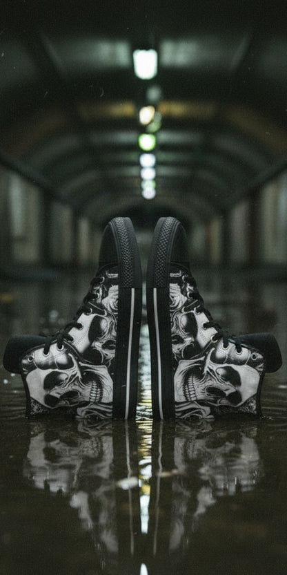 Women's Cartoon Skulls & Roses custom high-top canvas shoes — wearable art by Freaky Shoes