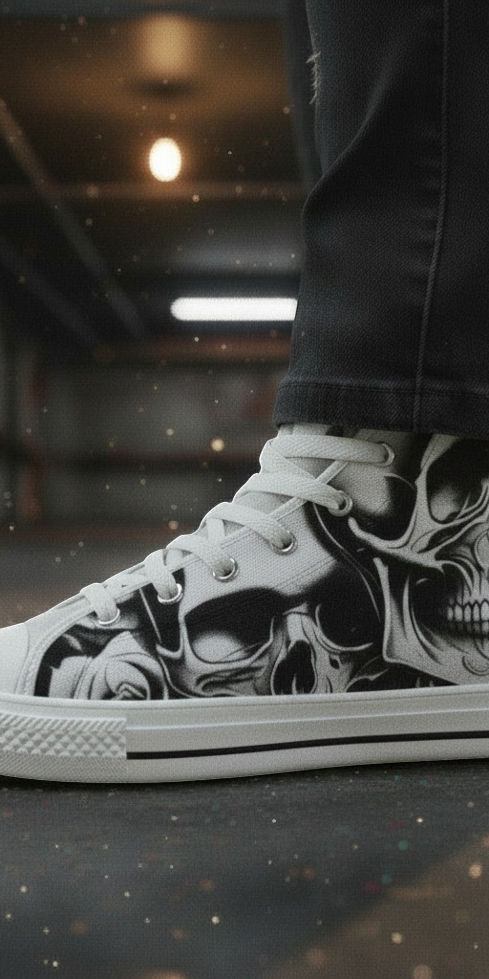 Women's Cartoon Skulls & Roses custom high-top canvas shoes — wearable art by Freaky Shoes