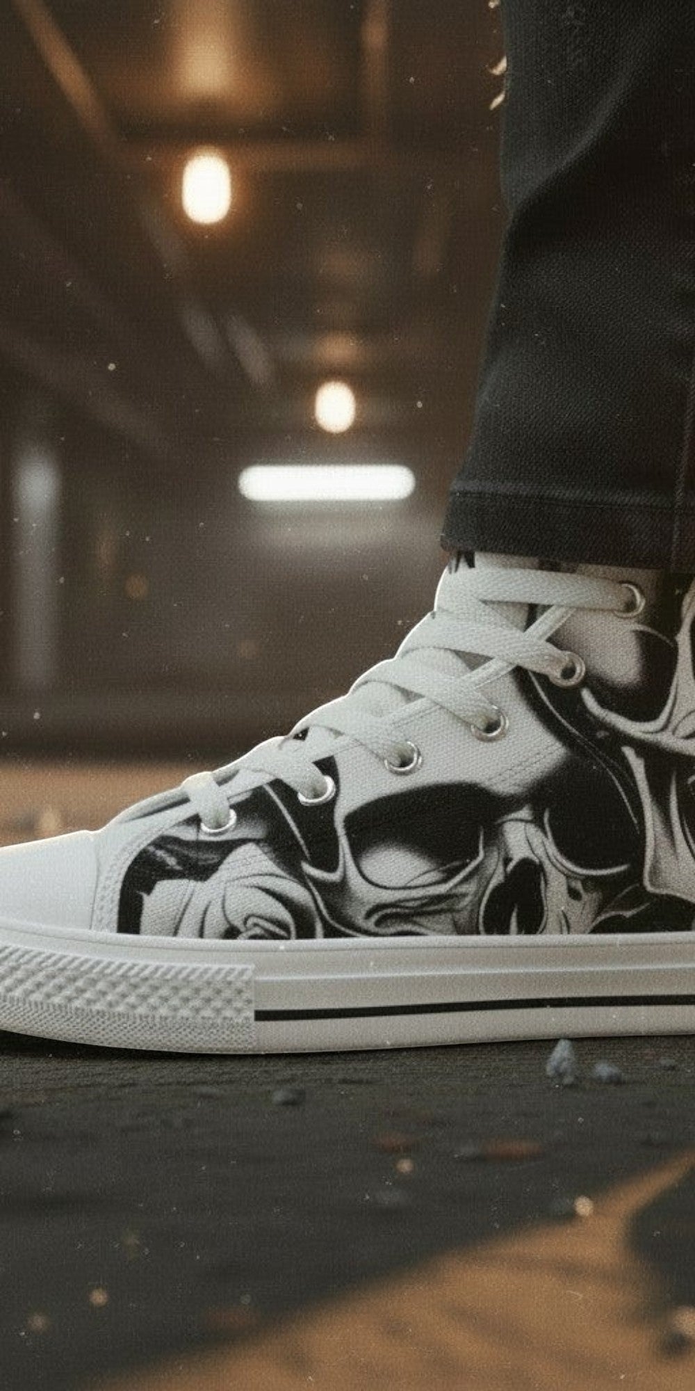 Custom Women's Cartoon Skulls & Roses high-top canvas shoes with bold all-over art — Freaky Shoes