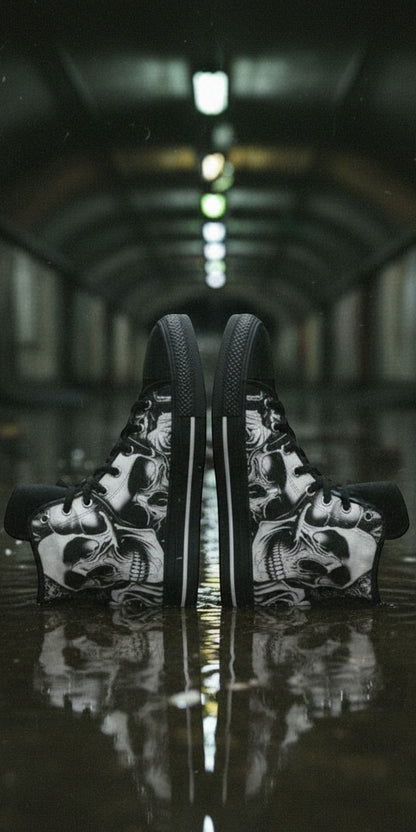 Women's Cartoon Skulls & Roses custom high-top canvas shoes — wearable art by Freaky Shoes