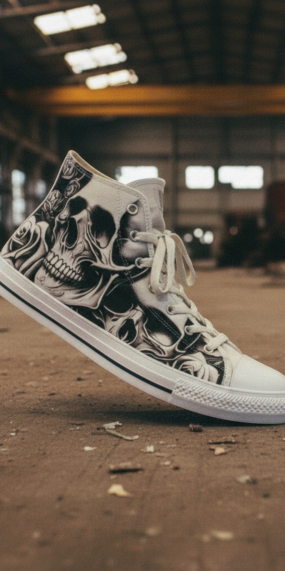Women's Cartoon Skulls & Roses high-top canvas shoes — one-of-a-kind custom printed art, Freaky Shoes
