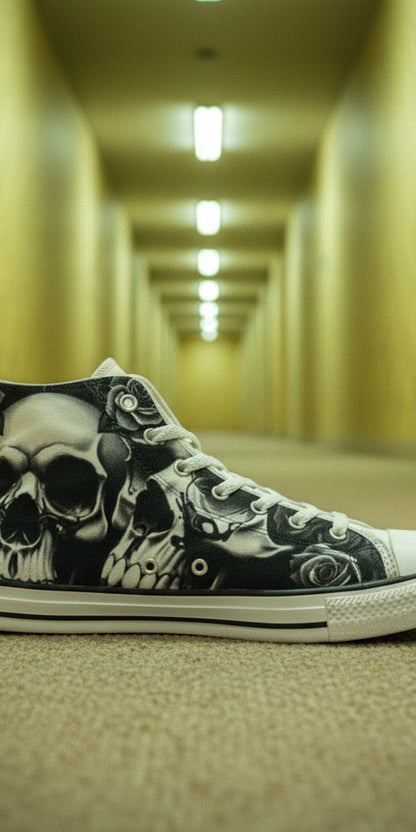 Women's Greyscale Skulls & Roses Black & White custom high-top canvas shoes — wearable art by Freaky Shoes