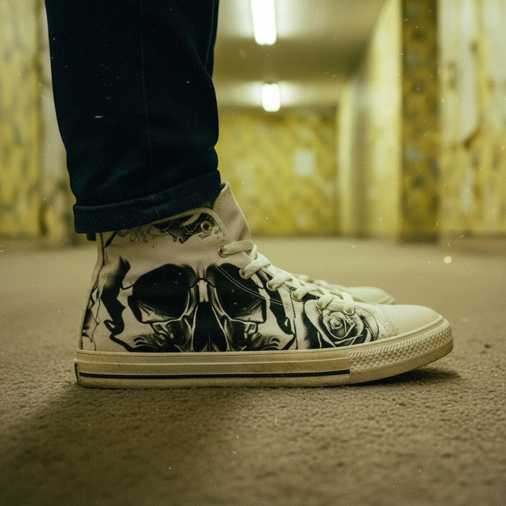 Women's Grey Skull & Roses Black & White high-top canvas shoes — one-of-a-kind custom printed art, Freaky Shoes