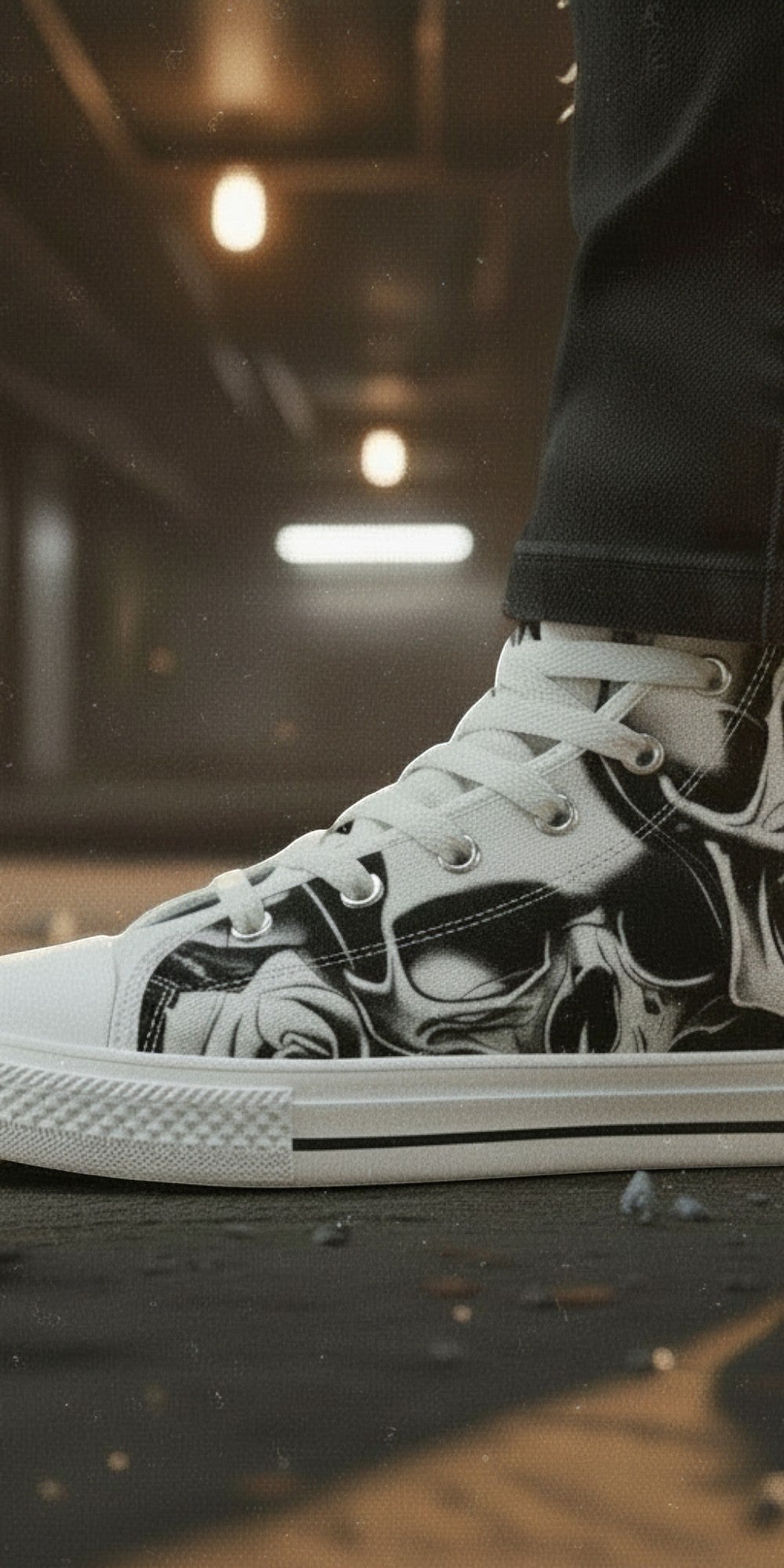 Women's Cartoon Skulls & Roses hand-made high-top canvas shoes — unique wearable art by Freaky Shoes