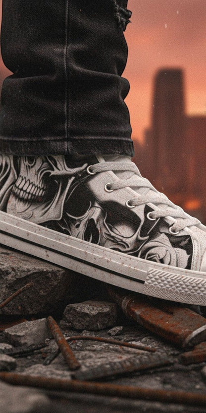 Custom Women's Cartoon Skulls & Roses high-top canvas shoes with bold all-over art — Freaky Shoes