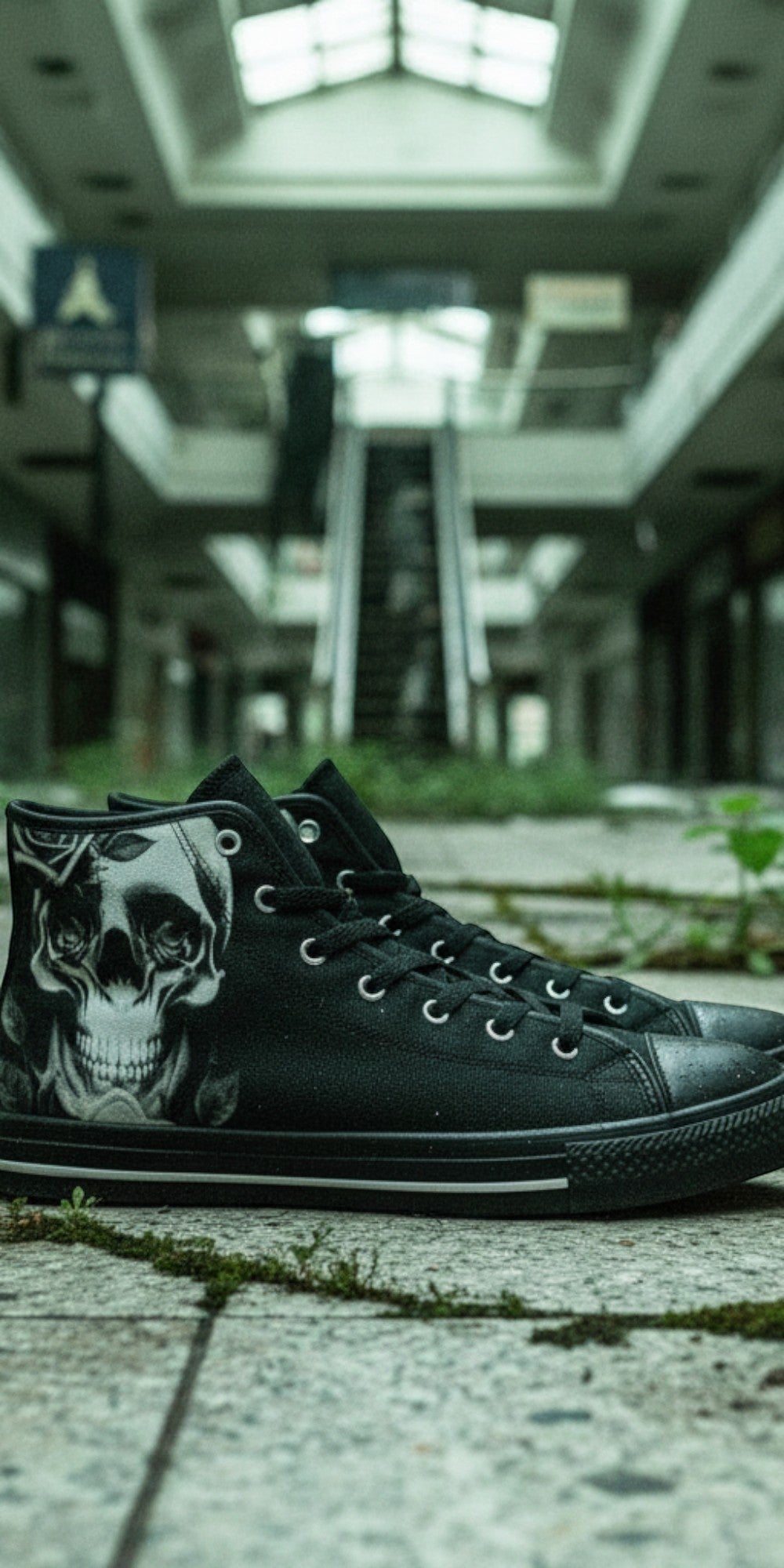 Custom Women's Cartoon Skulls & Roses Black high-top canvas shoes with bold all-over art — Freaky Shoes