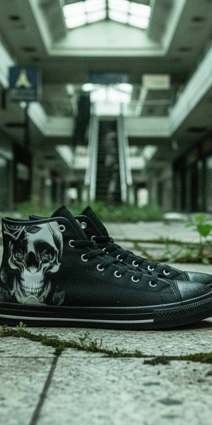 Custom Women's Cartoon Skulls & Roses Black high-top canvas shoes with bold all-over art — Freaky Shoes