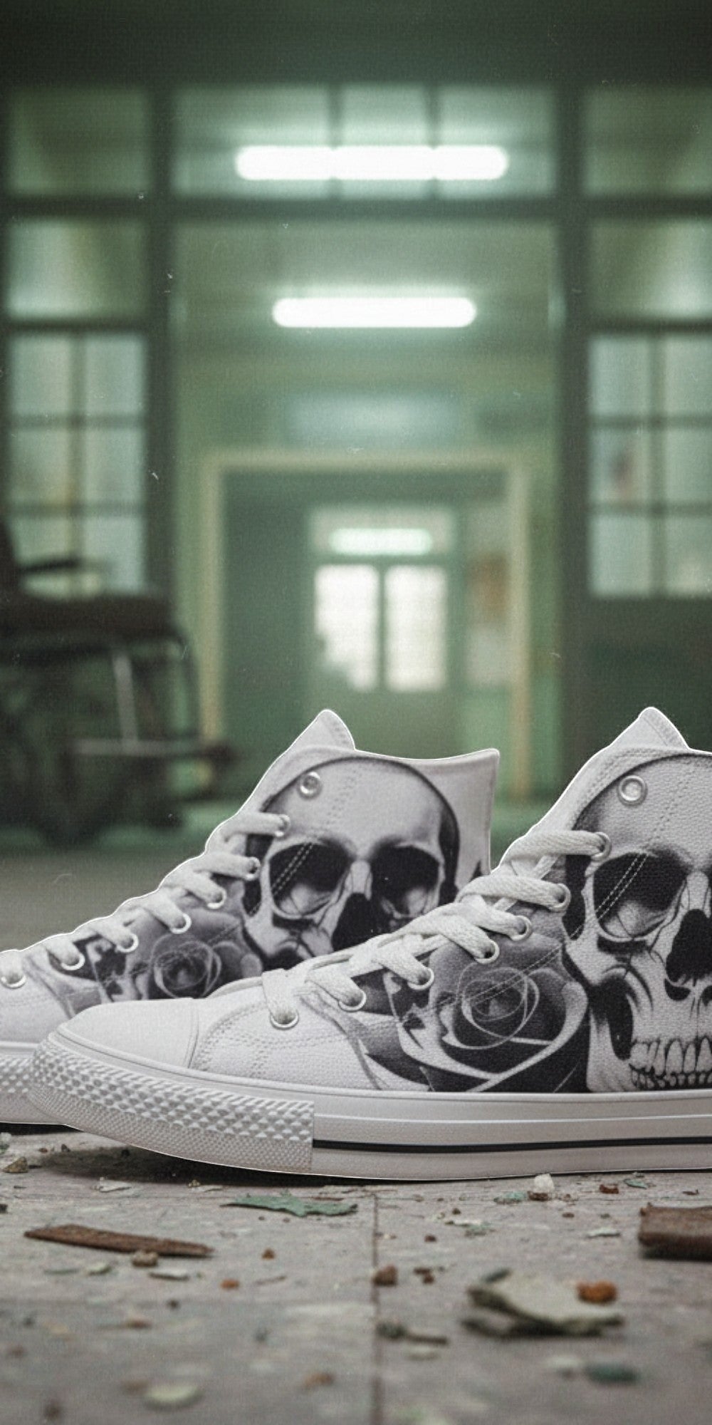 Women's Cartoon Skulls & Roses Black & White high-top canvas shoes, custom full-wrap printed design — Freaky Shoes