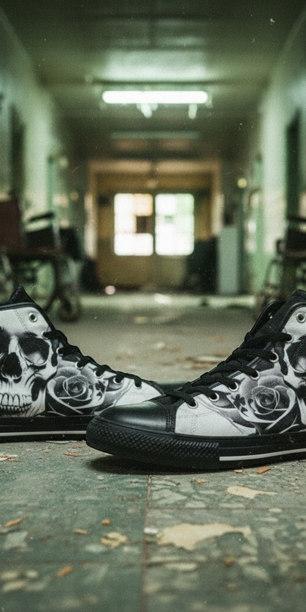 Women's Cartoon Skulls & Roses Black & White high-top canvas shoes, custom full-wrap printed design — Freaky Shoes
