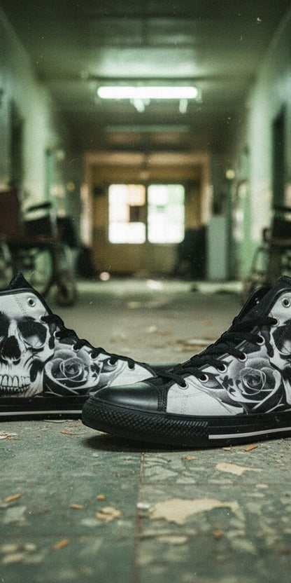 Women's Cartoon Skulls & Roses Black & White high-top canvas shoes, custom full-wrap printed design — Freaky Shoes