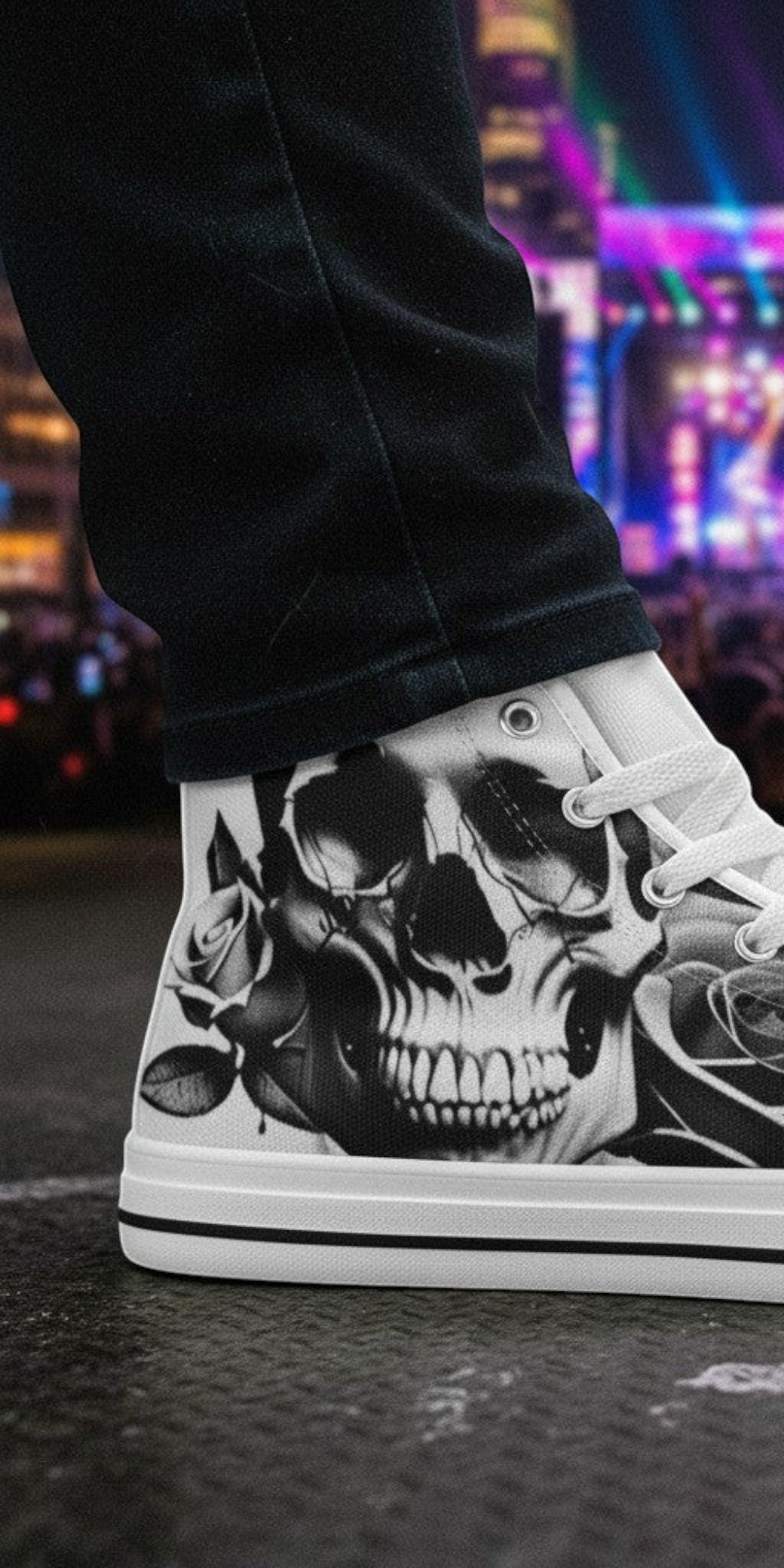Men's Cartoon Skulls & Roses Black & White hand-made high-top canvas shoes — unique wearable art by Freaky Shoes