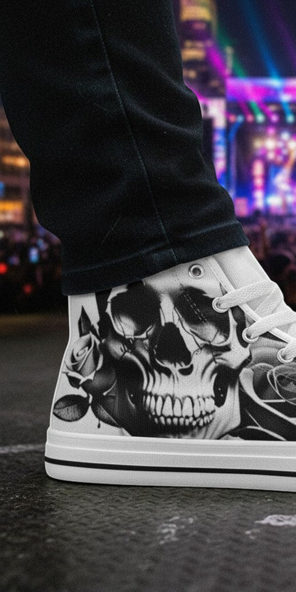 Men's Cartoon Skulls & Roses Black & White hand-made high-top canvas shoes — unique wearable art by Freaky Shoes