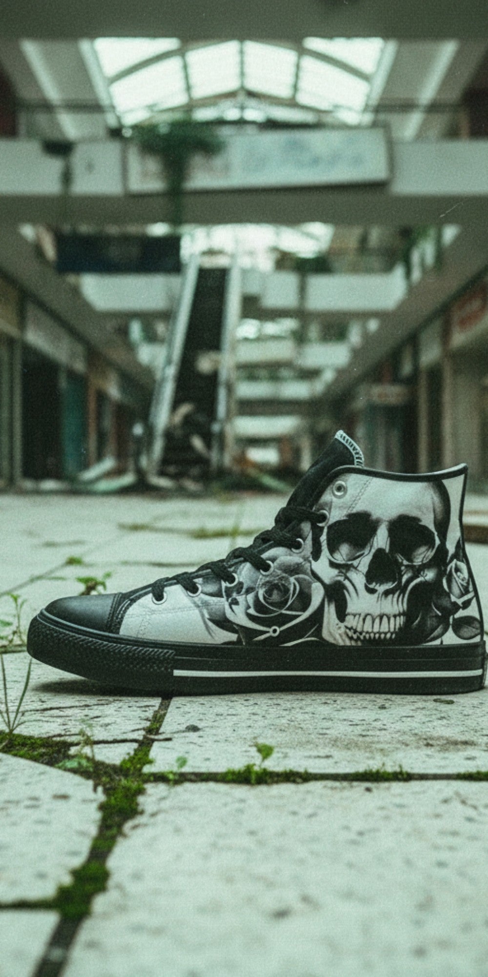 Custom Men's Cartoon Skulls & Roses Black & White high-top canvas shoes with bold all-over art — Freaky Shoes