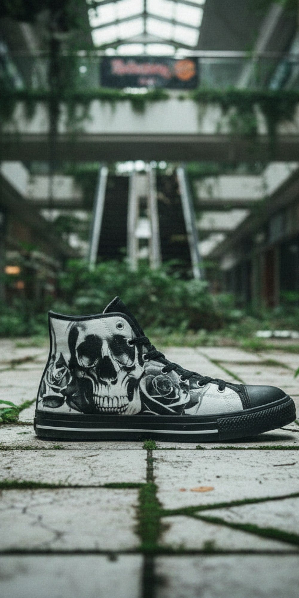 Men's Cartoon Skulls & Roses Black & White custom high-top canvas shoes — wearable art by Freaky Shoes