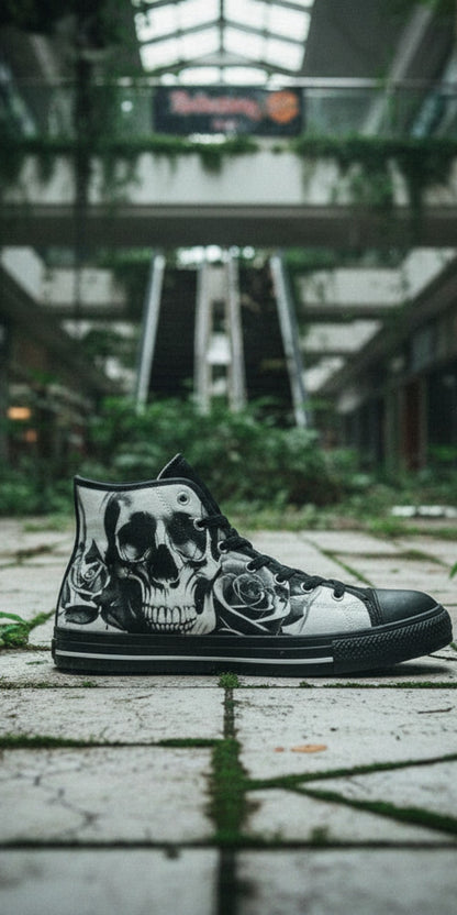 Men's Cartoon Skulls & Roses Black & White custom high-top canvas shoes — wearable art by Freaky Shoes